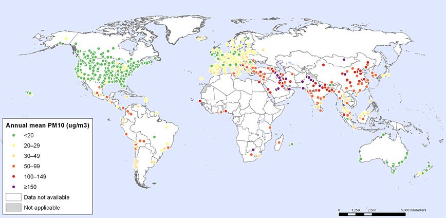 Air pollution levels in cities with population over 100,000 and capital cities