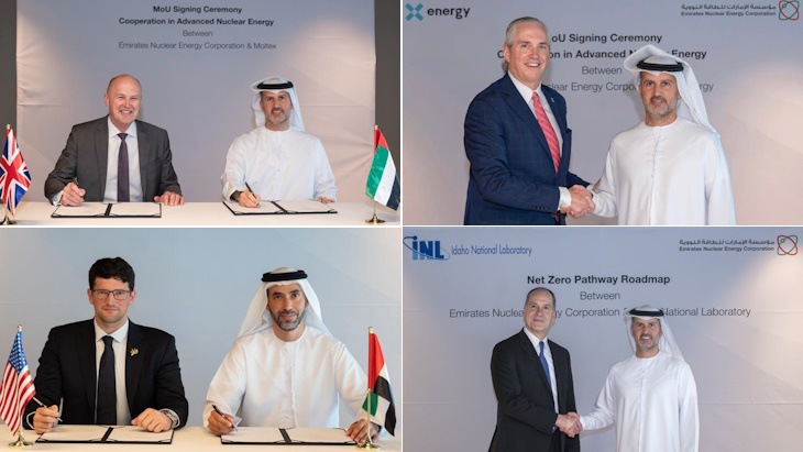 ENEC's MoU signings with (clockwise from top left) MoltexFLEX, X-energy, INL and USNC (Images: X/@ENEC_UAE, MoltexFlex, USNC)