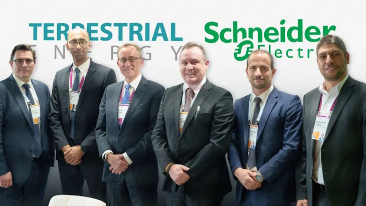 Irish (3rd from lett) and Lawrence (4th from left) with members of the Schneider team pictured at the CERAWeek conference, where the MoU was signed (Image: Terrestrial)