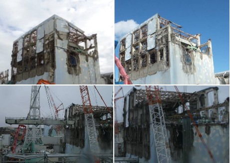 Fukushima Daiichi 4 top debris removal Sep 2011 Jan and Mar 2012 (Tepco) 460x328